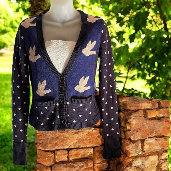 Anthropologie Leifnotes Blue Black White Bird Flying Sweater Cardigan Size XS - Picture 1 of 12